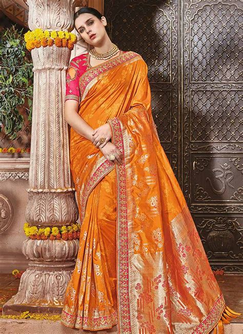 Orange Banarasi Silk Indian Wedding Saree Ubicaciondepersonas Cdmx Gob Mx