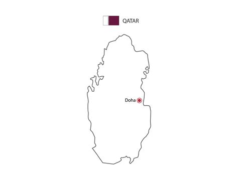 Hand Draw Thin Black Line Vector Of Qatar Map With Capital City Doha On