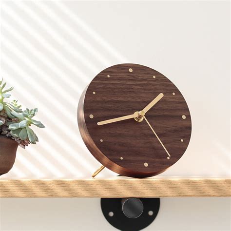 Classic Black Walnut Art Round Desk Clock With Brass Hands More Angle