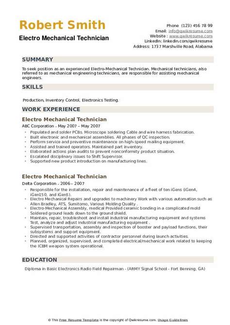 Electro Mechanical Technician Resume Samples | QwikResume