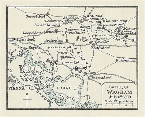 Old Engraved Map Of Battle Of Wagram 5 And 6 July 1809