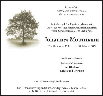 Traueranzeigen Von Johannes Moormann Noz Trauerportal