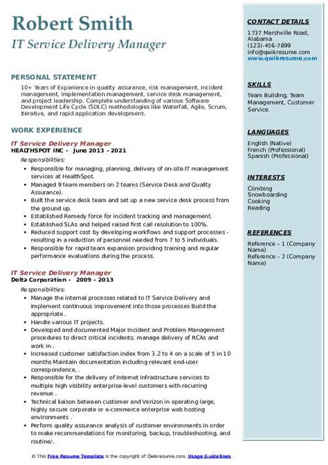 10 It Service Delivery Manager Resume Samples And Templates For 2025