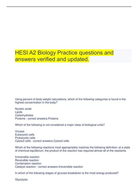 HESI A2 Biology Practice Questions And Answers Verified And Updated