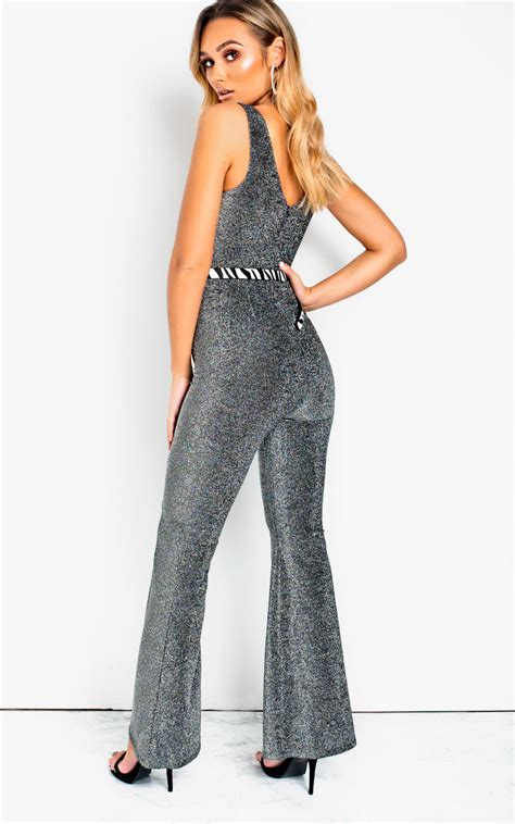 Nova Wide Leg Shimmer Jumpsuit In Silver Ikrush