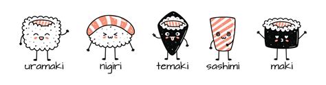 Set Of Kawaii Sushi Mascots In Cartoon Style Different Types Of Sushi