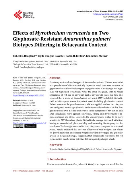 Pdf Effects Of Myrothecium Verrucaria On Two Glyphosate Resistant