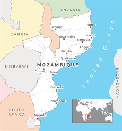 Moçambique político mapa e capital Maputo nacional fronteiras e a