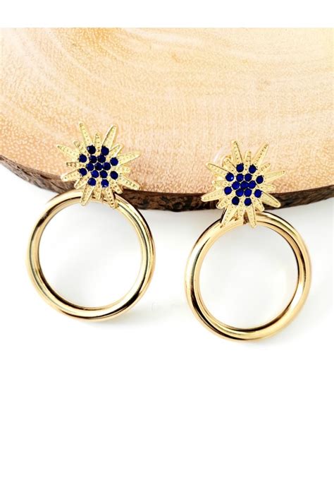 Boucles D Oreilles Rondes Avec Strass Bleu