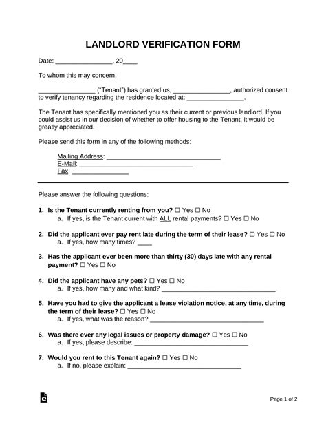 Free Rent Landlord Verification Form Word Pdf Eforms