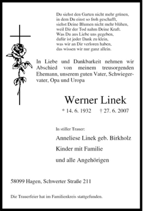 Trauer Und Todesanzeigen Von Werner Linek Trauer De