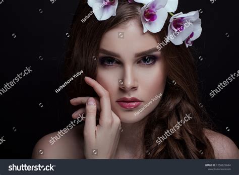 Beautiful Brunette Long Hair Makeup Poses Stock Photo