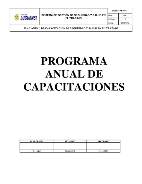 Programa Anual De Capacitaciones Sistema De GestiÓn De Seguridad Y Salud En El Trabajo