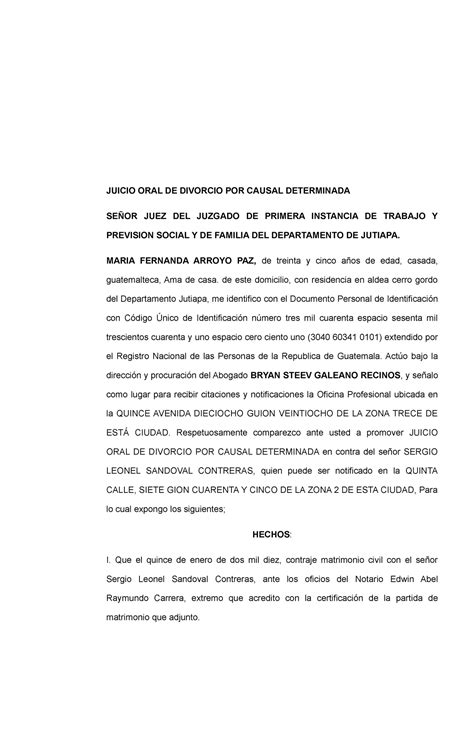 Memorial Divorcio 2023 Juicio Oral De Divorcio Por Causal Determinada