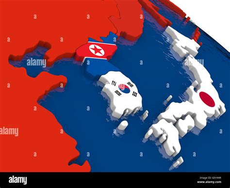 Map Of South Korean And North Korea With Embedded Flags On 3d Political Map Accurate Official