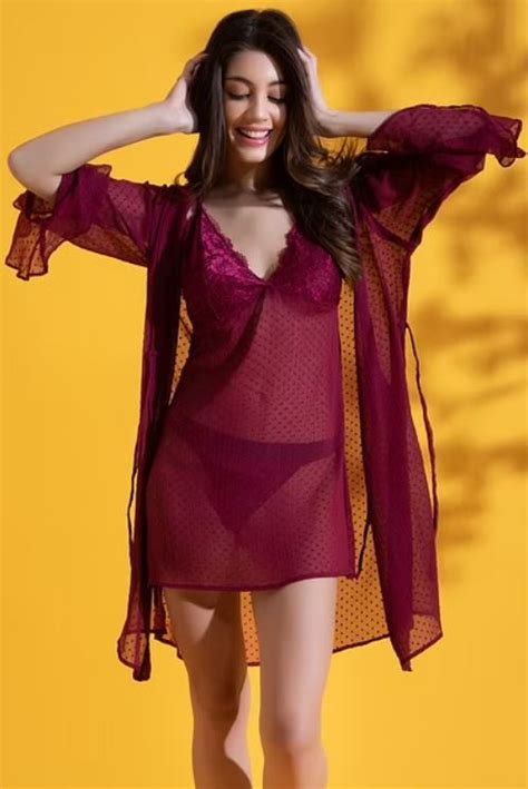 3 Piece Maroon Satin Nighty Robe Set Net Night Dress