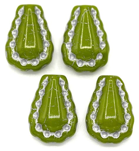 4pc 17x12mm Czech Pressed Glass Lacy Teardrop Beads Opaque Olive