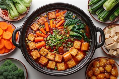 Tofu And Vegetables In Mala Hot Pot With Side Dishes Premium Ai Generated Image