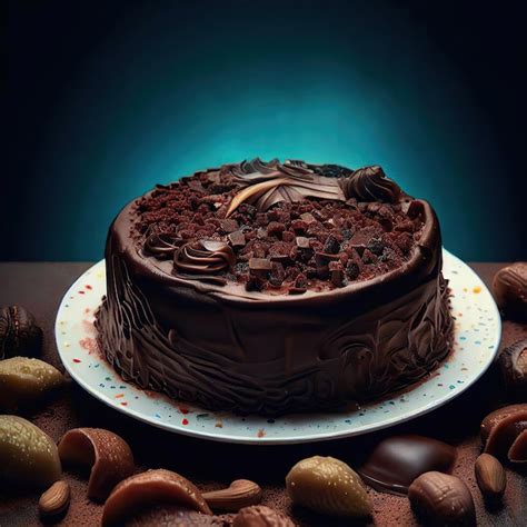 Premium Photo | A chocolate cake with chocolate frosting and nuts on a plate.