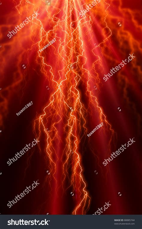 Intense Lightning Flash On A Dark Red Background Stock Photo 88885744