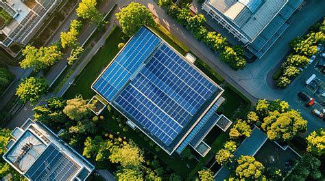 Aerial View Of A Building With Solar Panels Background Aerial View