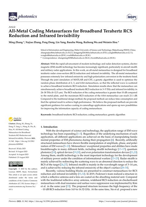 Pdf All Metal Coding Metasurfaces For Broadband Terahertz Rcs