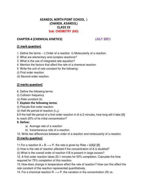 Class Chemistry Worksheet On Chapter Chemical Kinetics Set