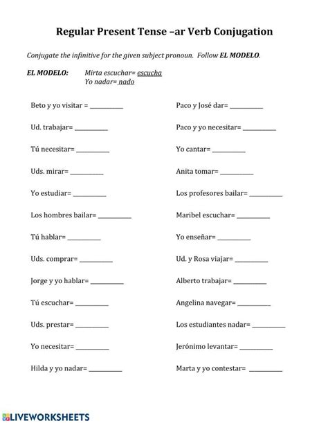 Regular Present Tense Ar Verb Conjugation Worksheet Live Worksheets Worksheets Library