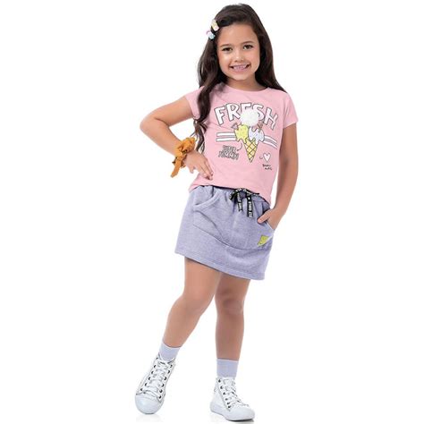 Conjunto Infantil Menina Verão Blusa e Short Saia Sorvete 2 Peças Tam 4