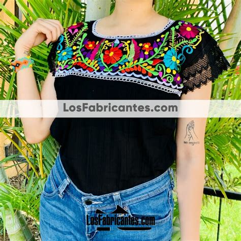 Rj Blusa De Manta Negro Bordada A Mano Dise O De Flores Con Encaje