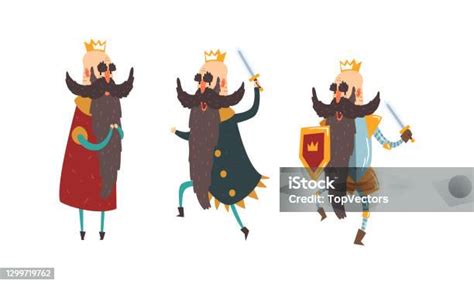 Vetores De Funny Warlike King Character Set Old Comic Bald Bearded King