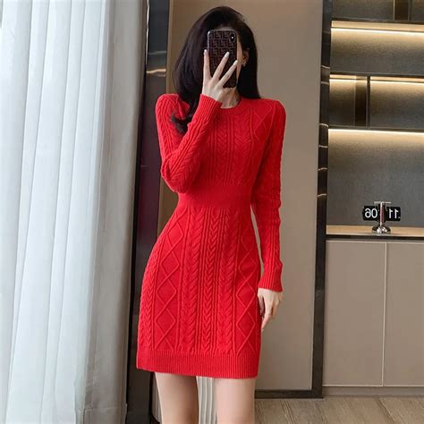 0980 Red Knitted Pencil Dress Women Round Neck Sexy Short Sweater Dress Female Office Skinny