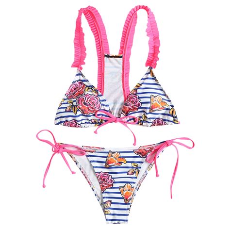 2018 Stripe Flower Bikini Set Padded Bikini Swimwear Women Sexy Thong Bikini Bathing Suit Beach