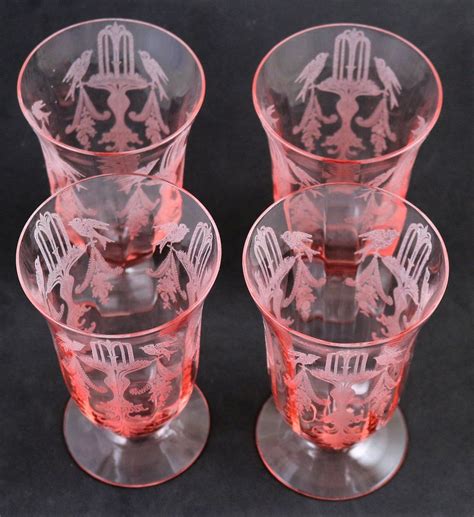 Set Of 4 Tiffin Fontaine Etched Pink Footed Tumblers Made By Tiffin