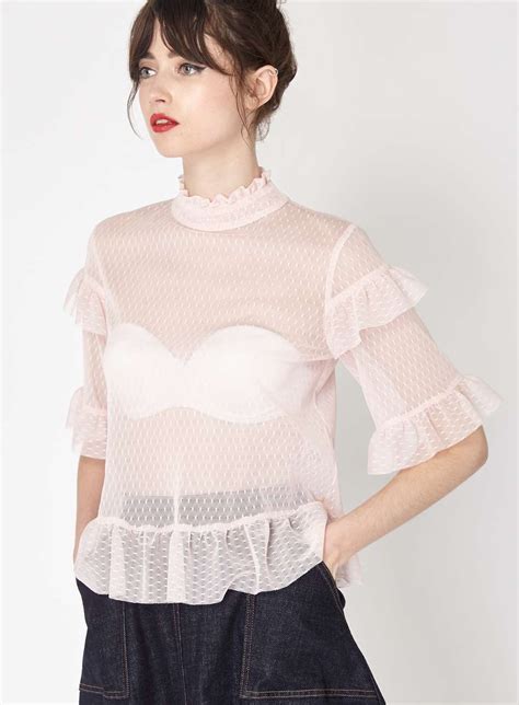 Pink Ruffle Spot Mesh Top Tops Clothing Miss Selfridge Womens