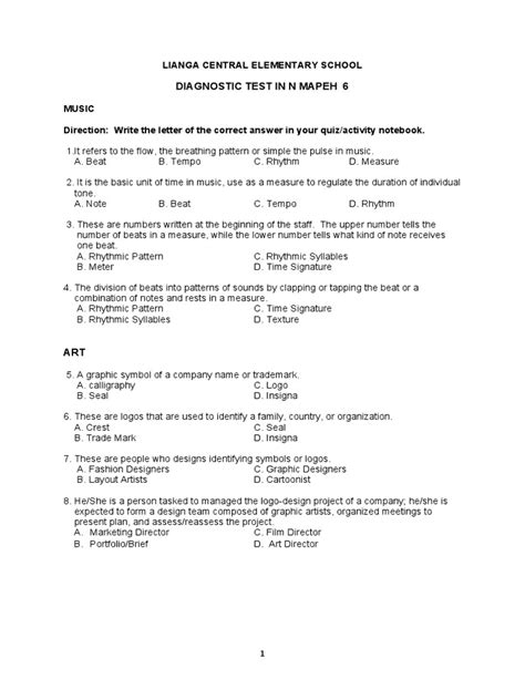 Diagnostic Test Mapeh 6 Idd Pdf Rhythm Physical Fitness