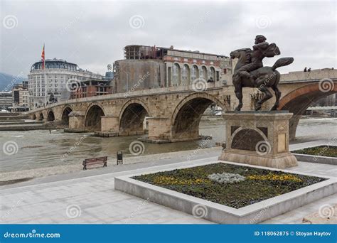 Skopje City Center, Old Stone Bridge, Monument of Karposh and Vardar ...