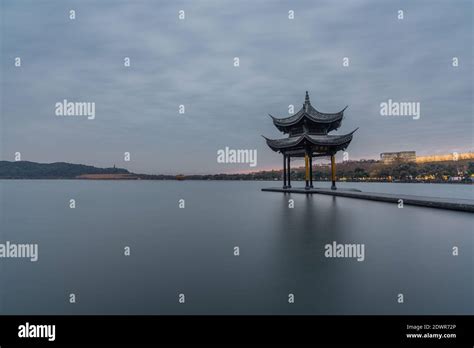 Sunset View Of Jixian Pavilion The Historic Landmark In At West Lake