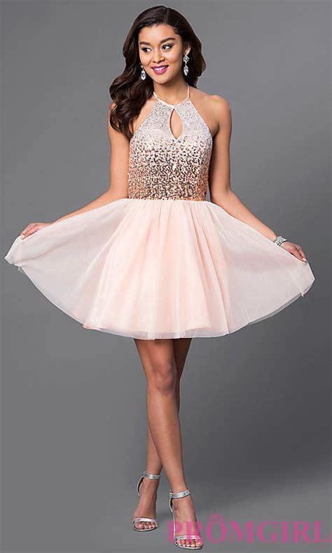 Image Of Short Keyhole Sequin Bodice Halter Homecoming Dress Style Mq