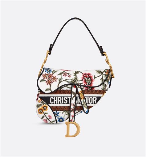 Saddle Bag White Multicolor Dior Petites Fleurs Embroidery Dior