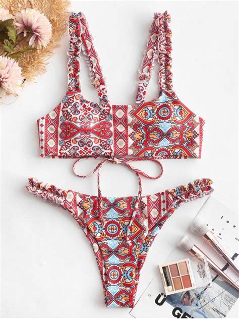 31 OFF 2021 ZAFUL Bohemian Floral Lettuce Strap Bikini Swimsuit In