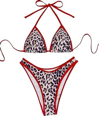 Amazon Gorglitter Women S Cheetah Print Micro Bikini Sling Halter Swimsuit High Cut Bathing