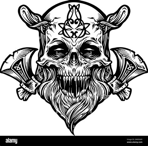 Cráneo Viking Warrior con Axe ilustraciones vectoriales monocromo para