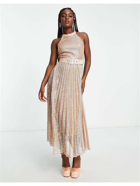 Style Cheat High Neck Pleated Metallic Midaxi Dress In White Lyst