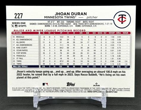 2024 Topps Series 1 Yellow Parallel Jhoan Duran 227 Minnesota Twins EBay