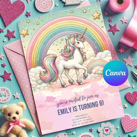 Editable Unicorn Birthday Invitation Magical Party Invite Girl Pink