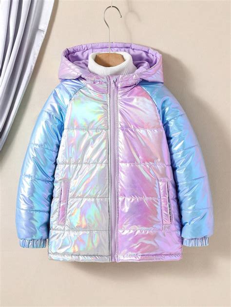 Shein Casaco Com Capuz Acolchoado De Manga Raglan Holográfico Para