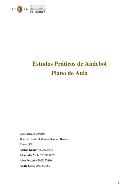 Plano andebol 1 Estudos Práticos de Andebol Plano de Aula Ano