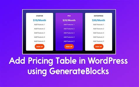 How To Add Pricing Table In WordPress Using GenerateBlocks Pricing