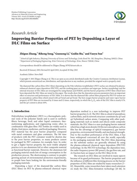 PDF Improving Barrier Properties Of PET By Depositing A Layer Of DLC